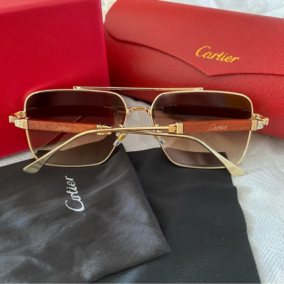Cartier Wooden Temple Brown Square Sunglasses - Picture 4 of 9
